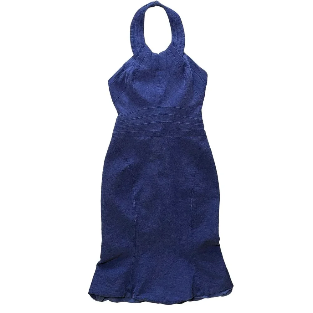 Zac Posen Navy Blue Halter-Neck Sheath Midi Mermaid Dress